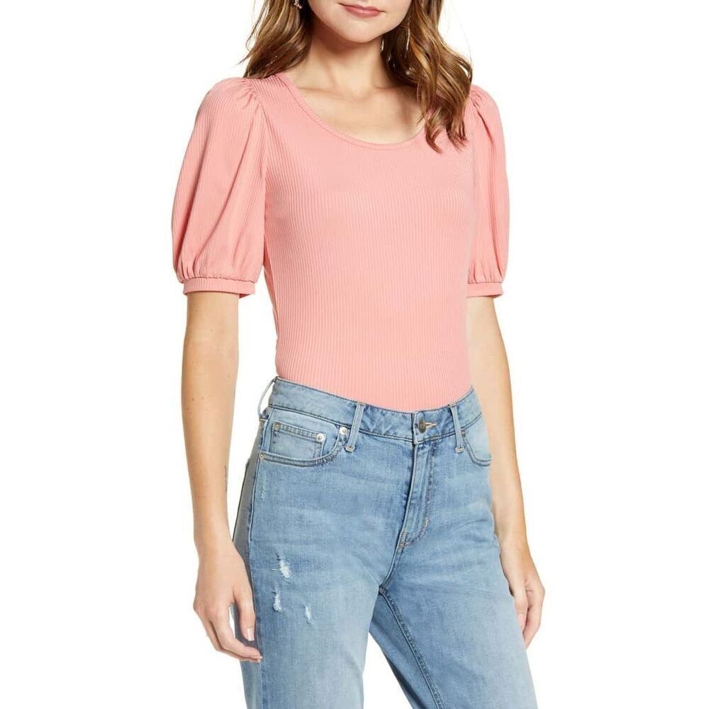 ✨Rachel Parcell Ribbed Puff Sleeve Peachy Sz Medium Tee✨